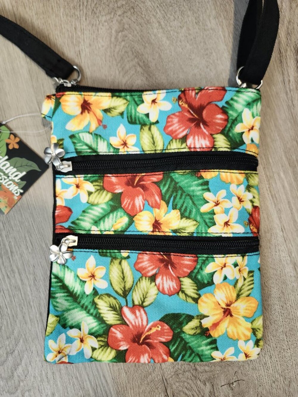 island Impressions Crossbody Bag Hawaiian Floral Tropical 7x9 Adjustable Strap - Picture 3 of 10